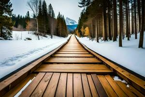 a wooden walkway in the snow. AI-Generated photo