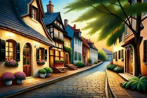 an illustration of a street in a village. AI-Generated photo