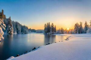 photo wallpaper the sky, snow, trees, lake, river, sunset, the sun, winter. AI-Generated