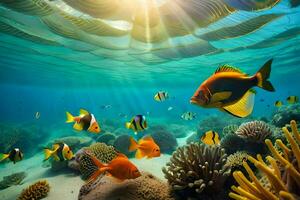 photo wallpaper sea, coral, fish, sun, the ocean, coral reef, fish, underwater. AI-Generated