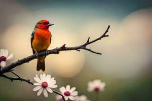 photo wallpaper the sky, flowers, bird, nature, spring, spring flowers, spring flowers wallpaper. AI-Generated