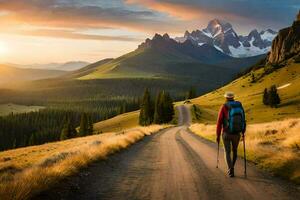 un persona con un mochila caminando abajo un la carretera en el montañas. generado por ai foto