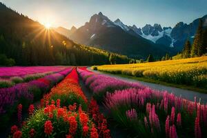 the sun shines over a field of flowers. AI-Generated photo