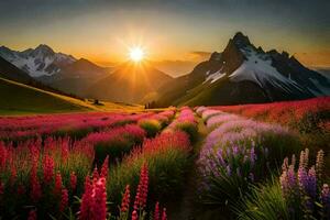 the sun rises over a field of flowers and mountains. AI-Generated photo