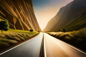 a road in the mountains with a blurry image of the road. AI-Generated photo