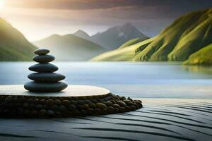 a stack of stones on a beach near a lake. AI-Generated photo