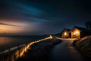 un camino líder a un cabina en el playa a noche. generado por ai foto