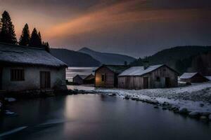 a lake and some houses in the snow. AI-Generated photo