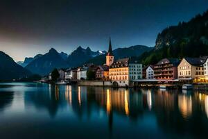 el pueblo de Hallstatt a oscuridad. generado por ai foto