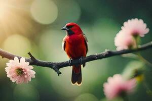 a red bird sits on a branch with pink flowers. AI-Generated photo