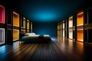 un dormitorio con un cama y un de madera piso. generado por ai foto