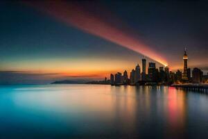 el ciudad horizonte a puesta de sol con un arco iris haz. generado por ai foto