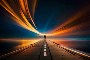 a man standing on a long bridge with a long trail of light. AI-Generated photo