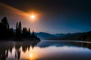 the moon rises over a lake and mountains. AI-Generated photo
