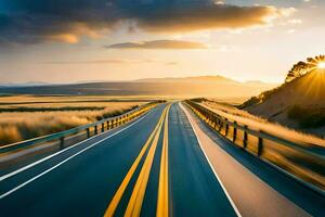 a highway with the sun setting in the distance. AI-Generated photo