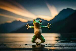 a frog standing on the beach with its arms outstretched. AI-Generated photo