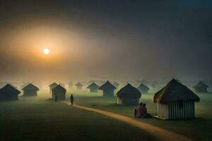 a man walks through a field with huts and grass. AI-Generated photo