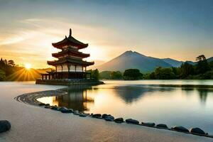 japanese pagoda in the sunset. AI-Generated photo