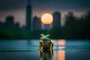 a frog sits on the edge of a lake at sunset. AI-Generated photo
