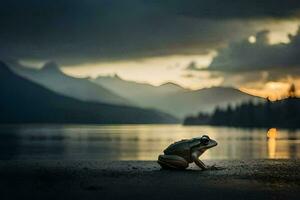 a frog sits on the shore of a lake at sunset. AI-Generated photo