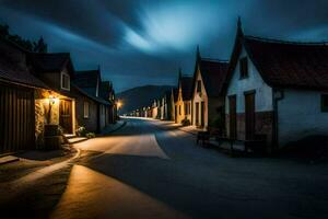 un largo calle con casas a noche. generado por ai foto