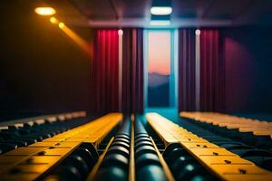 a theater with rows of seats and a window. AI-Generated photo