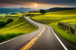 a winding road in the middle of a green field. AI-Generated photo