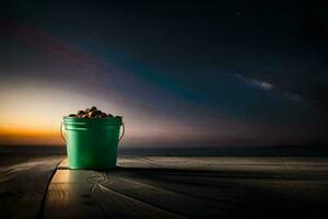 a bucket of nuts on a wooden table with a sunset in the background. AI-Generated photo