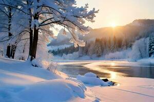 snow covered trees and the sun setting over a river. AI-Generated photo