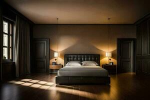 a bedroom with dark wood floors and a bed. AI-Generated photo