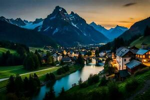 el pueblo de Suiza a puesta de sol. generado por ai foto