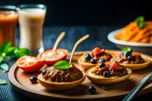 small appetizers on a wooden tray with a glass of juice. AI-Generated photo