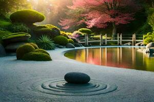 a japanese garden with a pond and rocks. AI-Generated photo