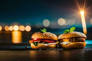 two hamburgers on a table with lights in the background. AI-Generated photo