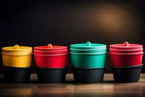 a row of colorful cups on a table. AI-Generated photo