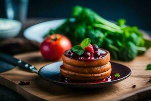 pancakes with berries and mint on a plate. AI-Generated photo