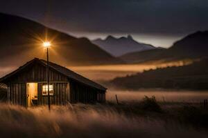 a small cabin in the middle of a field with a light shining on it. AI-Generated photo