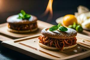 two hamburgers with spaghetti on a wooden cutting board. AI-Generated photo