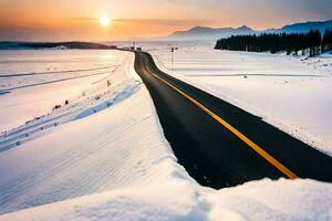a road in the snow with the sun setting. AI-Generated photo
