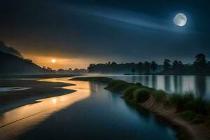 a full moon rises over a river at night. AI-Generated photo