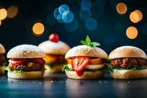 mini hamburguesas en un oscuro mesa. generado por ai foto