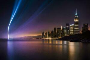 el ciudad horizonte es iluminado arriba a noche con vigas de ligero. generado por ai foto