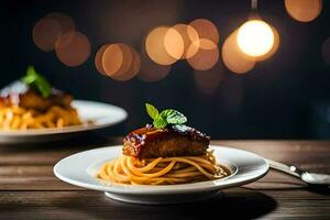 two plates with spaghetti and meat on them. AI-Generated photo