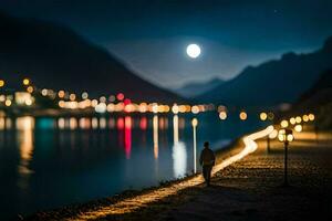 un hombre camina a lo largo el orilla a noche con un lleno Luna en el antecedentes. generado por ai foto