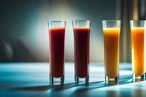 four glasses of orange juice on a table. AI-Generated photo