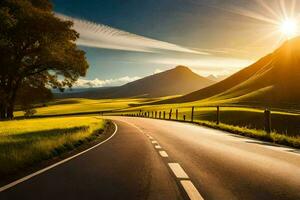 un la carretera en el montañas con el Dom brillante. generado por ai foto