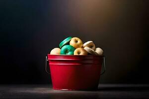 a red bucket filled with donuts on a dark background. AI-Generated photo