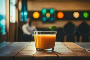 a glass of orange juice sitting on a table. AI-Generated photo