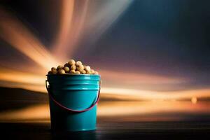 a bucket filled with peanuts on a table in front of a blurry background. AI-Generated photo