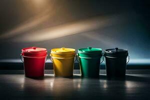 three colorful buckets on a table. AI-Generated photo